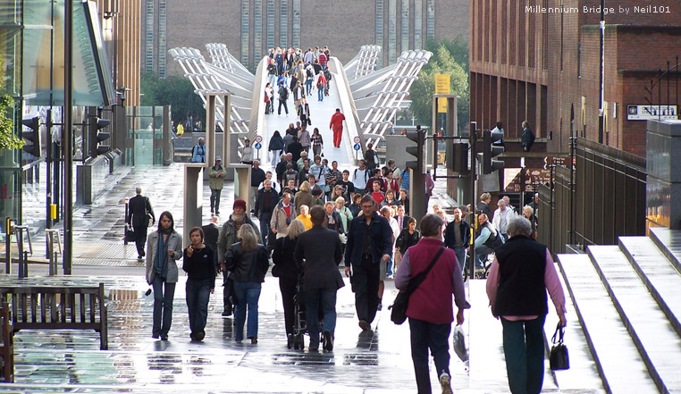 Photograph of people walking across Millennium Bridge